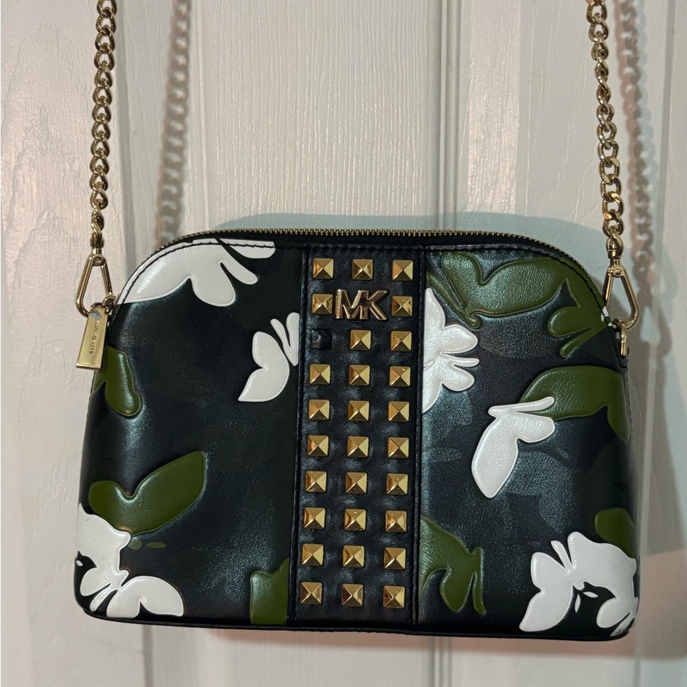 Michael Kors Large Butterfly Camo Leather Dome Crossbody